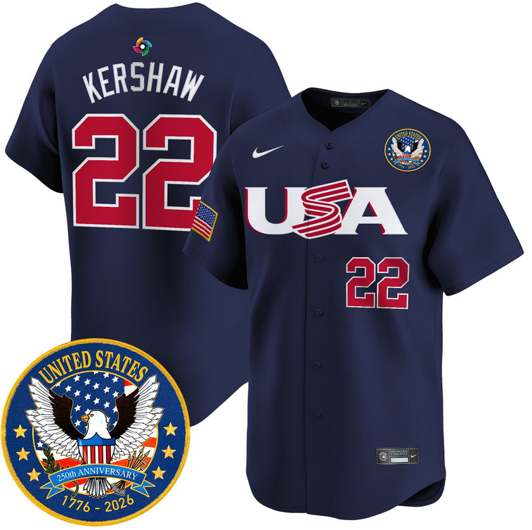 Men Team USA World Baseball Classic 250th Anniversary #22 Kershaw Navy blue 2026 Roster Patch Vapor Jersey